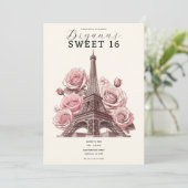 Paris Eiffelturm & Pink Roses Sweet 16 Einladung (Stehend Vorderseite)