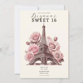 Paris Eiffelturm & Pink Roses Sweet 16 Einladung