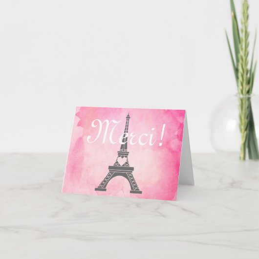 Paris-Eiffelturm-Rosa-Aquarell danken Ihnen Merci Dankeskarte (Vorderseite)