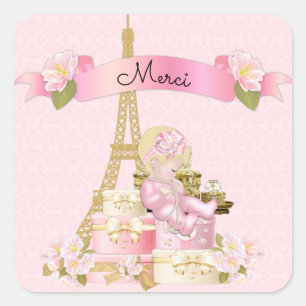 Paris Eiffelturm Rosa Gold Baby Mädchen Blond Quadratischer Aufkleber