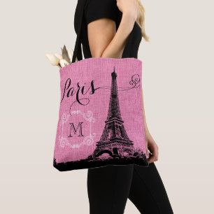 Paris Eiffelturm Rosa Jute-Monogramm Tasche