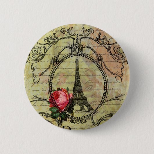Paris Eiffelturm & rote Rose Steampunk Button (Vorderseite)