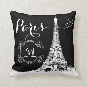 Paris Eiffelturm Schwarz-Weiß-Monogramm Kissen