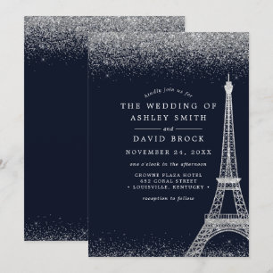 Paris Eiffelturm Silber Konfetti Navy Hochzeit Einladung