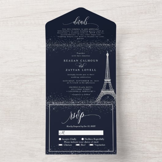 Paris Eiffelturm Silberner Glitzer Sparkle Wedding All In One Einladung (Innen Boden)