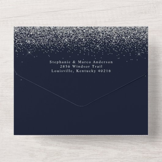 Paris Eiffelturm Silberner Glitzer Sparkle Wedding All In One Einladung (Rückseite)