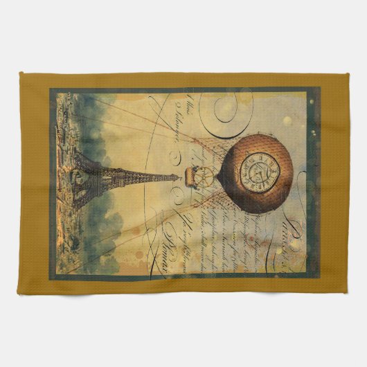 Paris Eiffelturm Steampunk Heißluftballon Küchentuch (Horizontal)