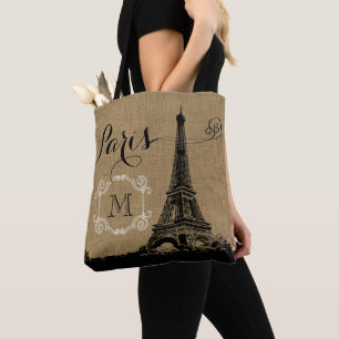 Paris Eiffelturm Tanfarbener Jutestoff Monogramm Tasche