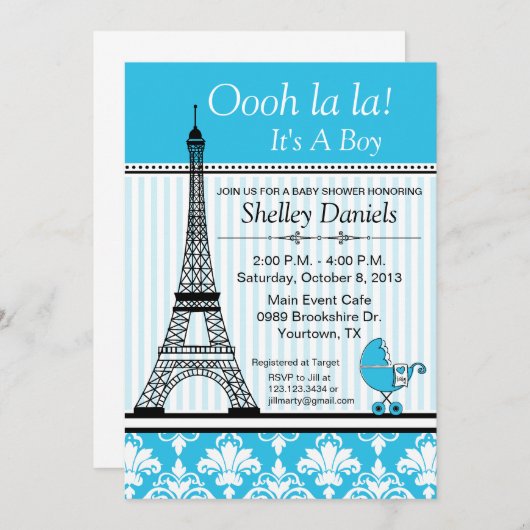 Paris-Eiffelturm-Thema-Babyparty-Blau Einladung (Vorne/Hinten)