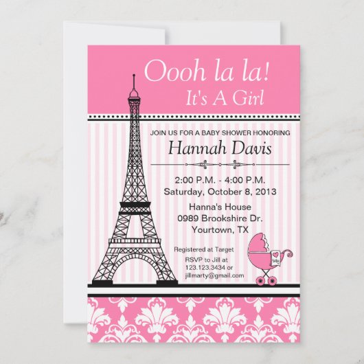 Paris-Eiffelturm-Thema-Babyparty-Rosa Einladung (Vorderseite)