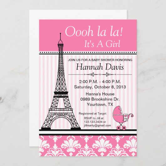 Paris-Eiffelturm-Thema-Babyparty-Rosa Einladung (Vorne/Hinten)