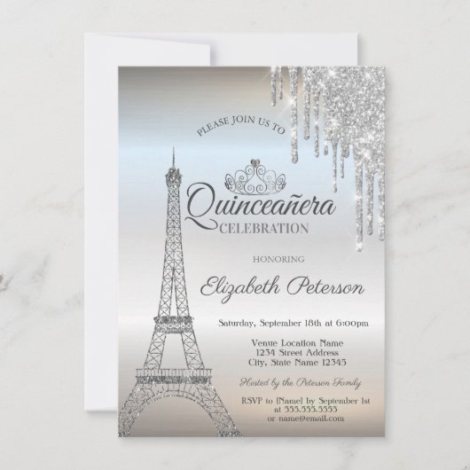 Paris Eiffelturm, Tiara, Tropfen Silver Quinceañer Einladung (Vorderseite)