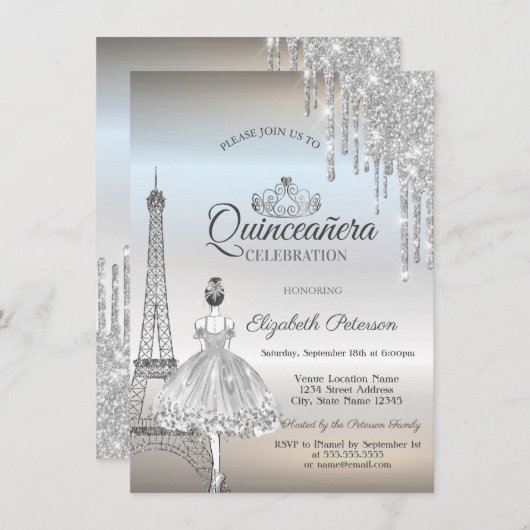 Paris Eiffelturm, Tropfen, Ballerina Quinceañera Einladung (Vorne/Hinten)