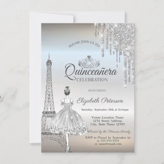 Paris Eiffelturm, Tropfen, Ballerina Quinceañera Einladung (Vorderseite)