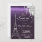 Paris Eiffelturm, Tropfen, Lila Metallic Sweet 16 Einladung (Vorderseite)