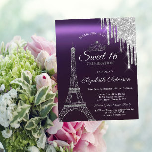 Paris Eiffelturm, Tropfen, Lila Metallisch Sweet 1 Einladung