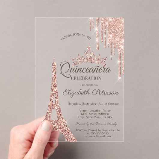 Paris Eiffelturm, Tropfen Rose Gold Quinceañera Acryleinladungen (Insitu (Handheld))