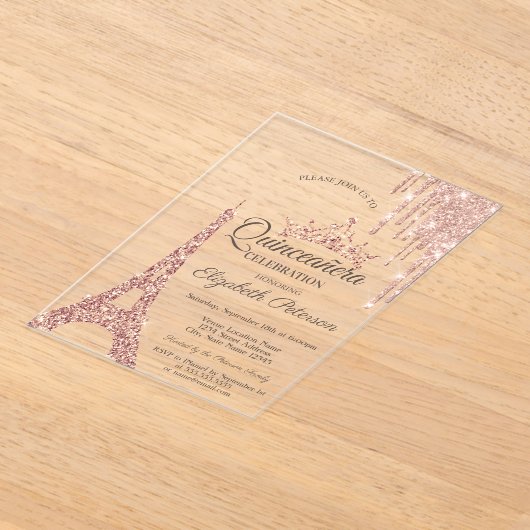 Paris Eiffelturm, Tropfen Rose Gold Quinceañera Acryleinladungen (Ablage )