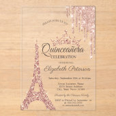 Paris Eiffelturm, Tropfen Rose Gold Quinceañera Acryleinladungen (Vorderseite)