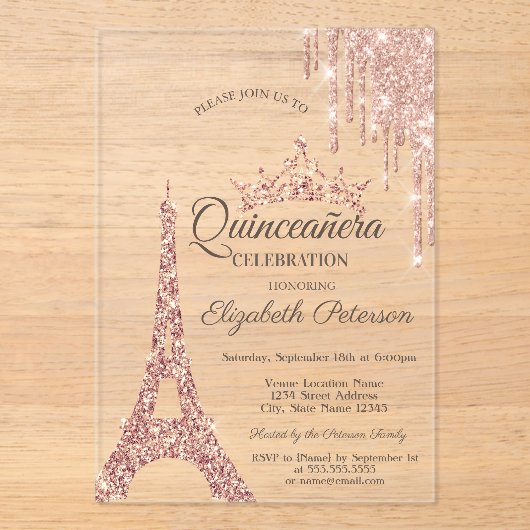Paris Eiffelturm, Tropfen Rose Gold Quinceañera Acryleinladungen (Vorderseite)