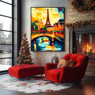 Paris Eiffelturm und Brücke in abstraktem Fauvismu Poster