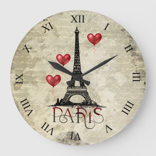 Paris, Eiffelturm und Red Heart Balloons Script Große Wanduhr (Vorderseite)