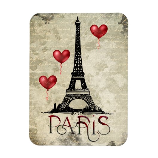 Paris, Eiffelturm und Red Heart Balloons Script Magnet (Vertikal)