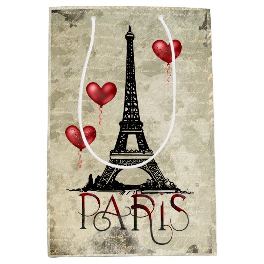 Paris, Eiffelturm und Red Heart Balloons Script Mittlere Geschenktüte (Vorderseite)
