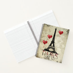 Paris, Eiffelturm und Red Heart Balloons Script Notizblock