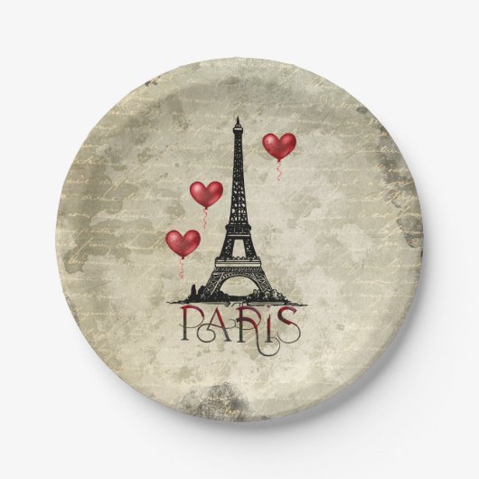 Paris, Eiffelturm und Red Heart Balloons Script Pappteller (Vorderseite)