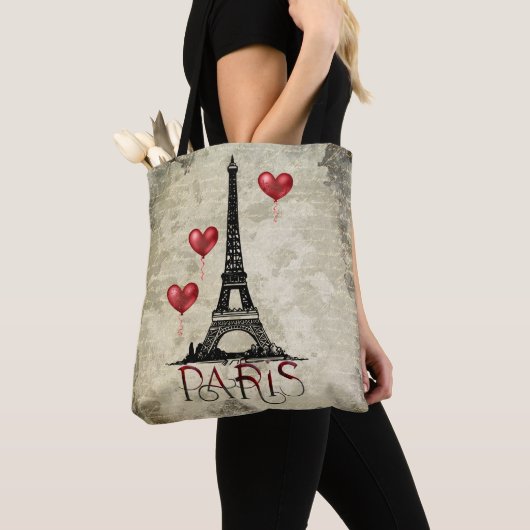 Paris, Eiffelturm und Red Heart Balloons Script Tasche (Von Nahem)