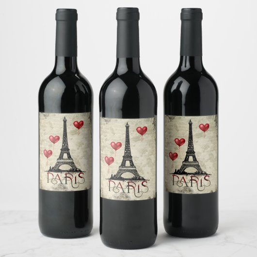 Paris, Eiffelturm und Red Heart Balloons Script Weinetikett (Flaschen)