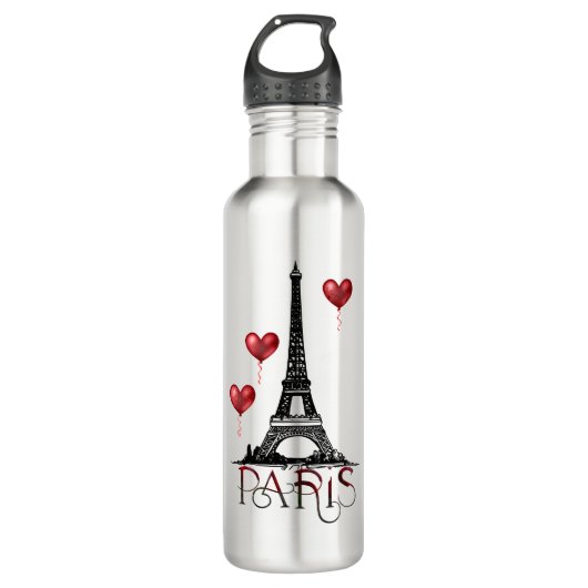Paris, Eiffelturm und Rotes Herz Edelstahlflasche (Vorderseite)
