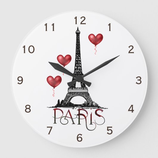 Paris, Eiffelturm und Rotes Herz Große Wanduhr (Vorderseite)