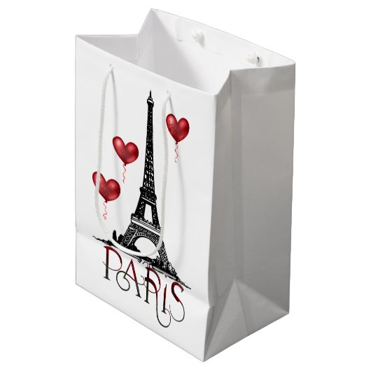 Paris, Eiffelturm und Rotes Herz Mittlere Geschenktüte (Vorderseite Schrägansicht)