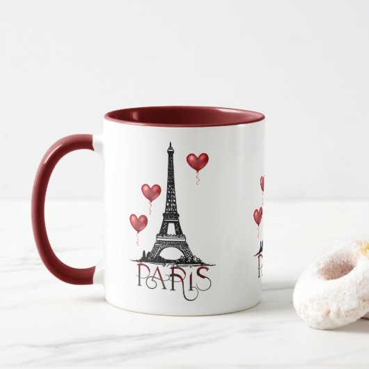 Paris, Eiffelturm und Rotes Herz Tasse (Mit Donut)