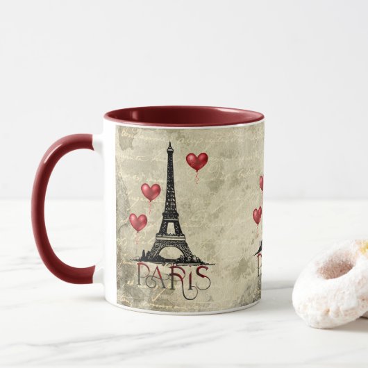 Paris, Eiffelturm und Rotes Herz Tasse (Mit Donut)