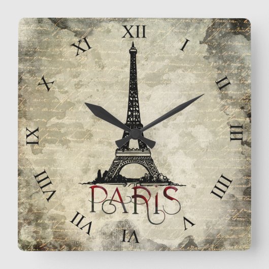 Paris, Eiffelturm, Vintages Script Quadratische Wanduhr (Vorderseite)