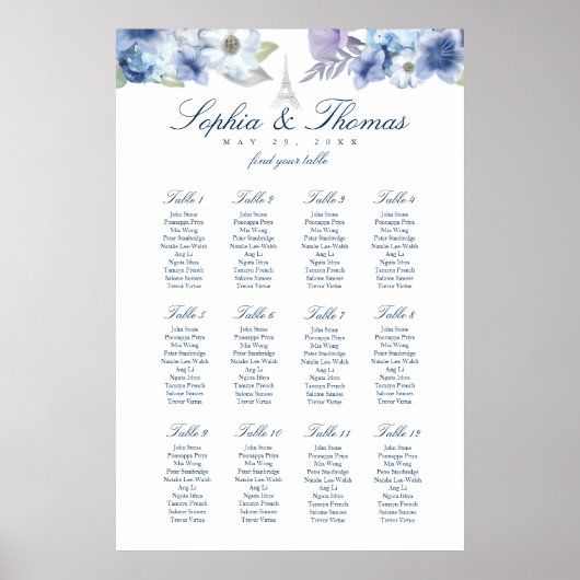 Paris Eiffelturm Wasserfarbenflorale Weiße Hochzei Poster (Vorne)