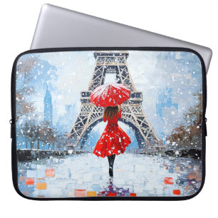 Paris Eiffelturm Winterromanze roter Regenschirm Laptopschutzhülle