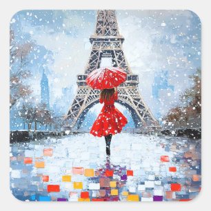Paris Eiffelturm Winterromanze roter Regenschirm Quadratischer Aufkleber