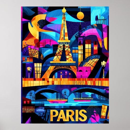 Paris Farbenfrohe Nächte - Geometrisches Eiffeltur Poster (Vorne)