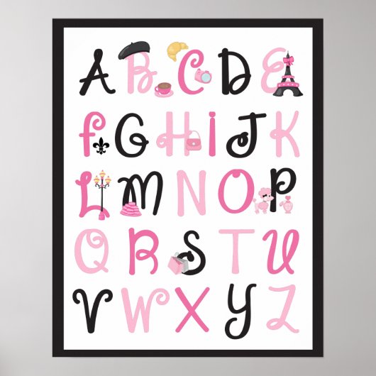 Paris France Alphabet A bis Z auf Black Poster (Vorne)