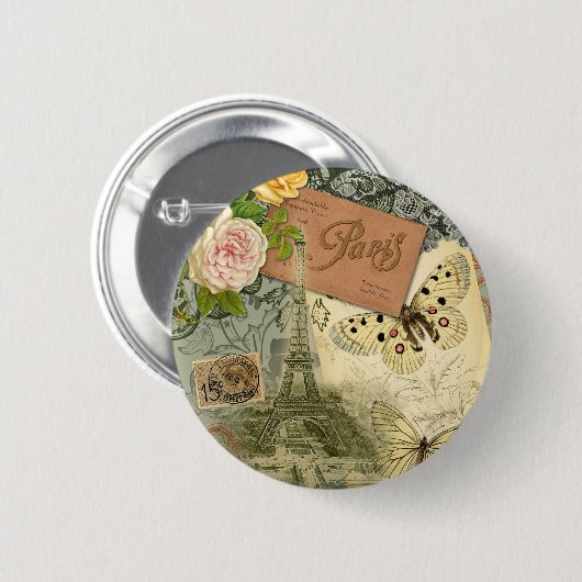 Paris France Antique Artwork Collage Eiffel Franzö Button (Vorne & Hinten)