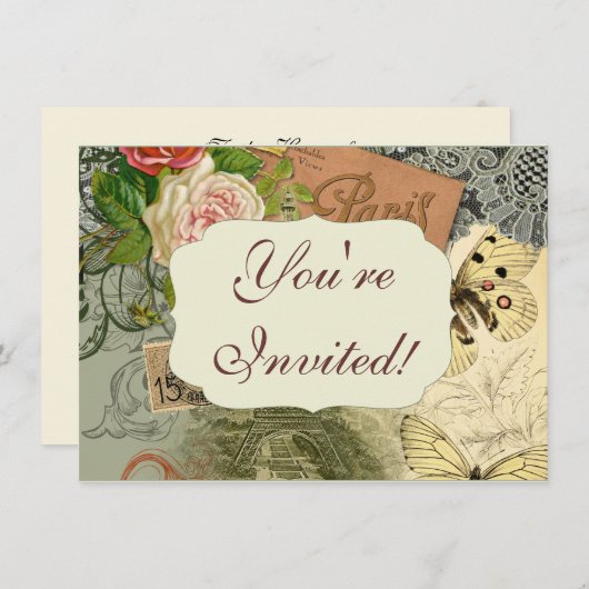 Paris France Antique Artwork Collage Eiffel Franzö Einladung (Vorne/Hinten)