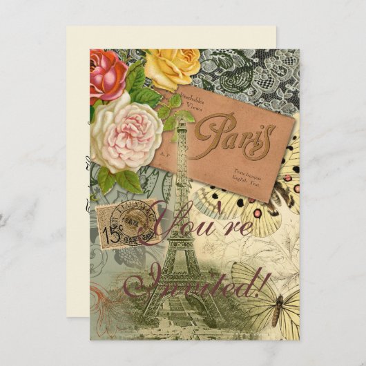 Paris France Antique Artwork Collage Eiffel Franzö Einladung (Vorne/Hinten)