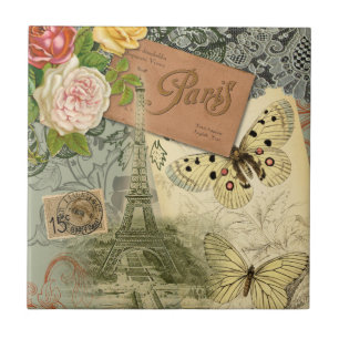 Paris France Antique Artwork Collage Eiffel Franzö Fliese