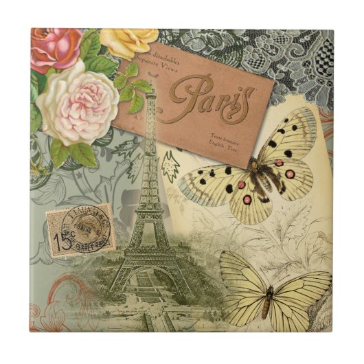 Paris France Antique Artwork Collage Eiffel Franzö Fliese (Vorderseite)