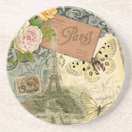 Paris France Antique Artwork Collage Eiffel Franzö Getränkeuntersetzer (Vorne)