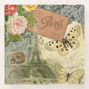 Paris France Antique Artwork Collage Eiffel Franzö Glasuntersetzer
